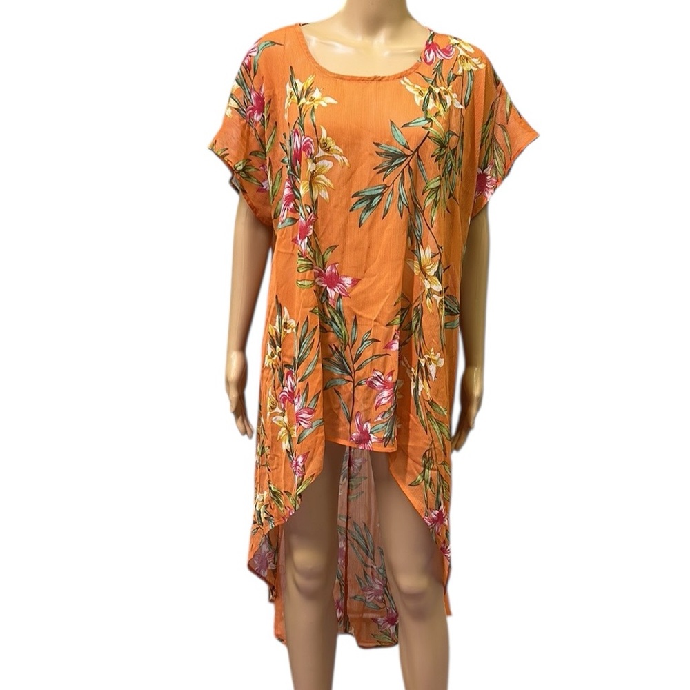 Lily White Orange Floral Print High Low Tunic Blouse Semi Sheer Womens Large